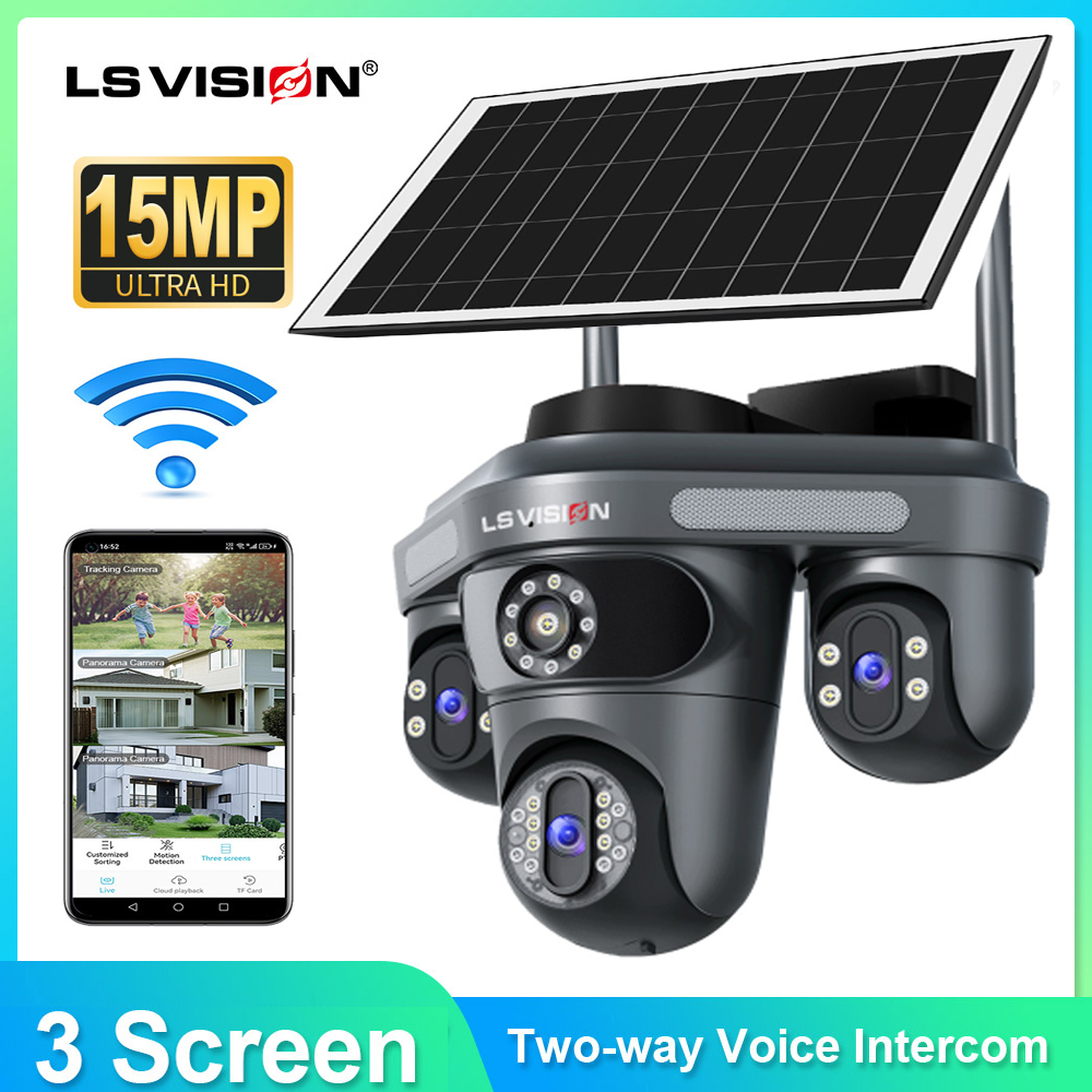 Outdoor Power Monitor - LS VISION マルチレンズ 3画面 WiFi屋外セキュリティソーラーカメラ パノラマモニター