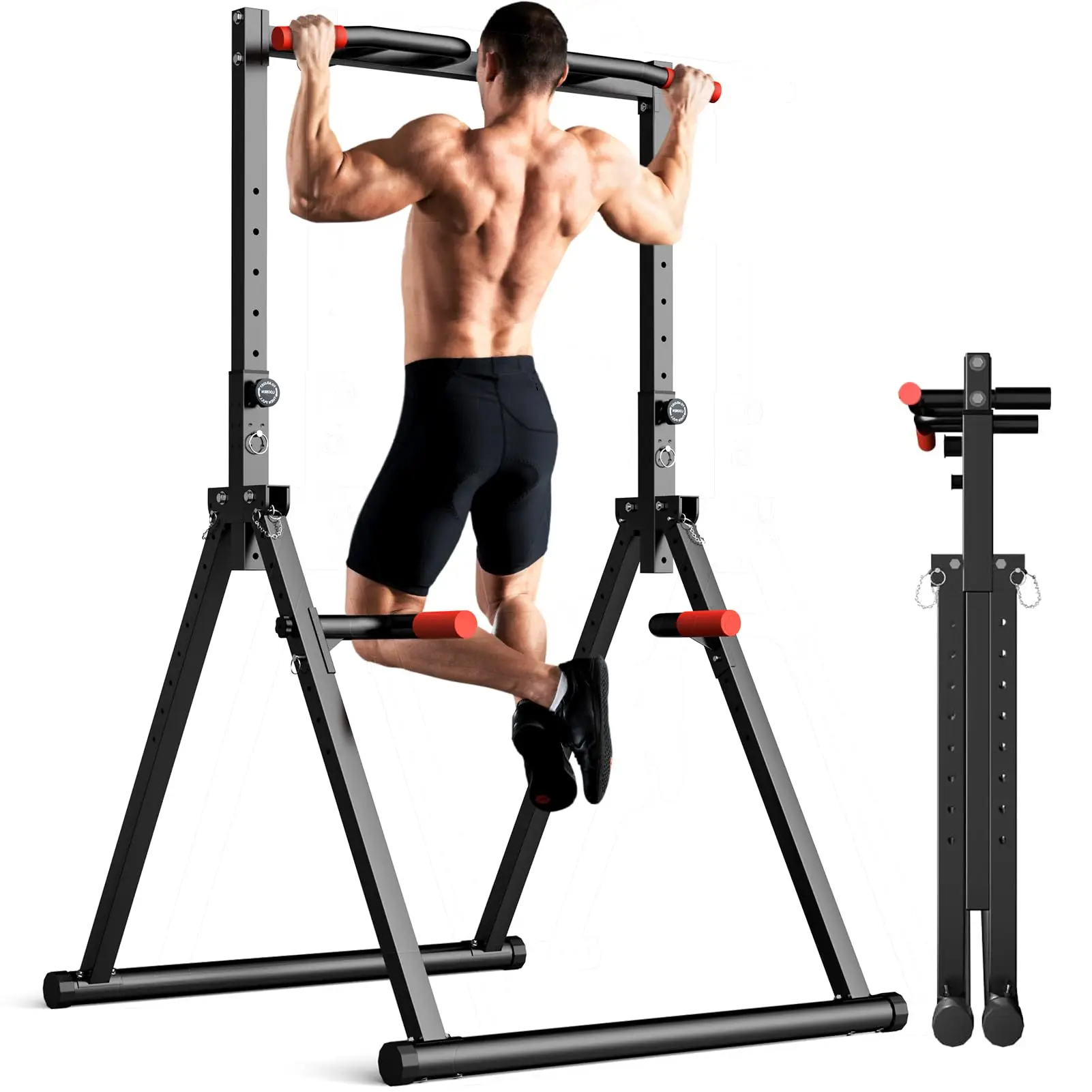 Outdoor Power Tower Pull Up Bar - 折りたたみ式のパワータワー、懸垂バー、ディップステーション。家庭や屋外でのトレーニングに最適な、調整可能な多機能筋力トレーニング器具。