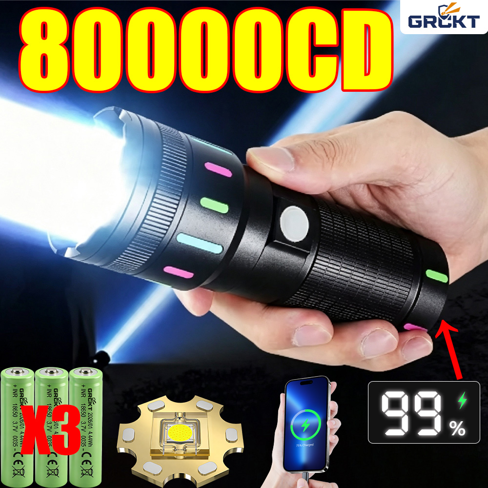 Outdoor Power Bank - 80000CD 最も強力なLED懐中電灯 ハイパワー戦術ハンティング懐中電灯 充電式トーチ アウトドア防水ランタンライトレーザーポインター 超強力