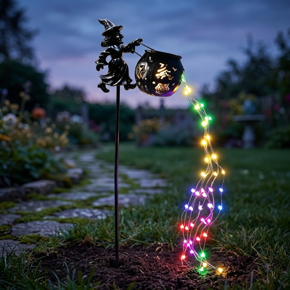 太陽光発電式魔女の鍋型ガーデンライト、黒鉄製、不気味な庭の装 - Outdoor Yard Power Stake のレビューと価格