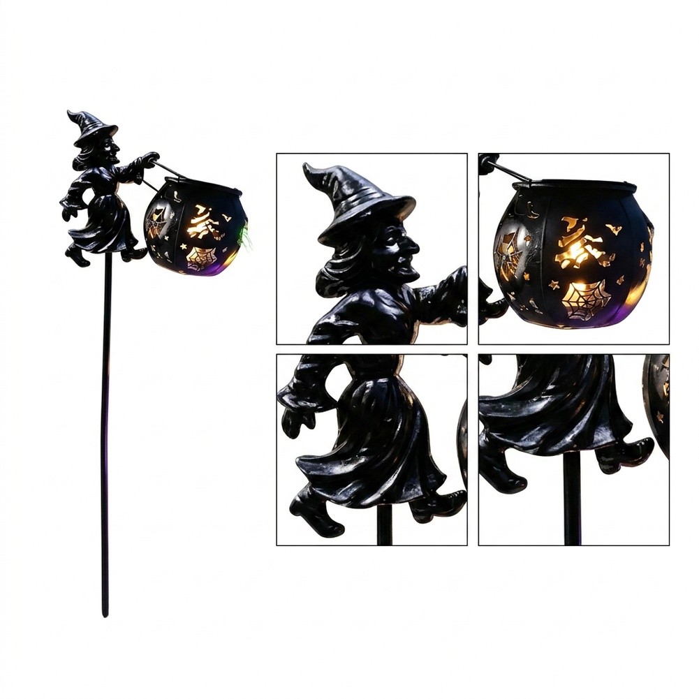 太陽光発電式魔女の鍋型ガーデンライト、黒鉄製、不気味な庭の装 - Outdoor Yard Power Stake のレビューと価格