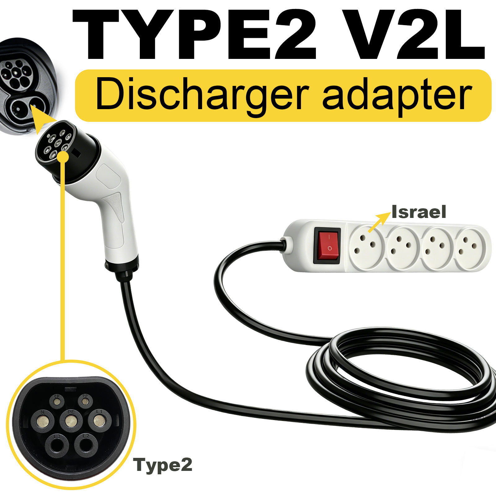 タイプ2 V2L放電アダプター イスラエルソケット EVから - Outdoor Power Outlet のレビューと価格